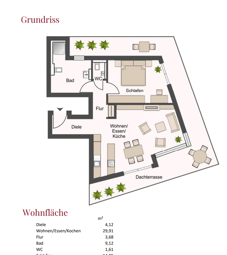 Grundriss mit Wohn-, Schlaf- und Terrassenbereichen