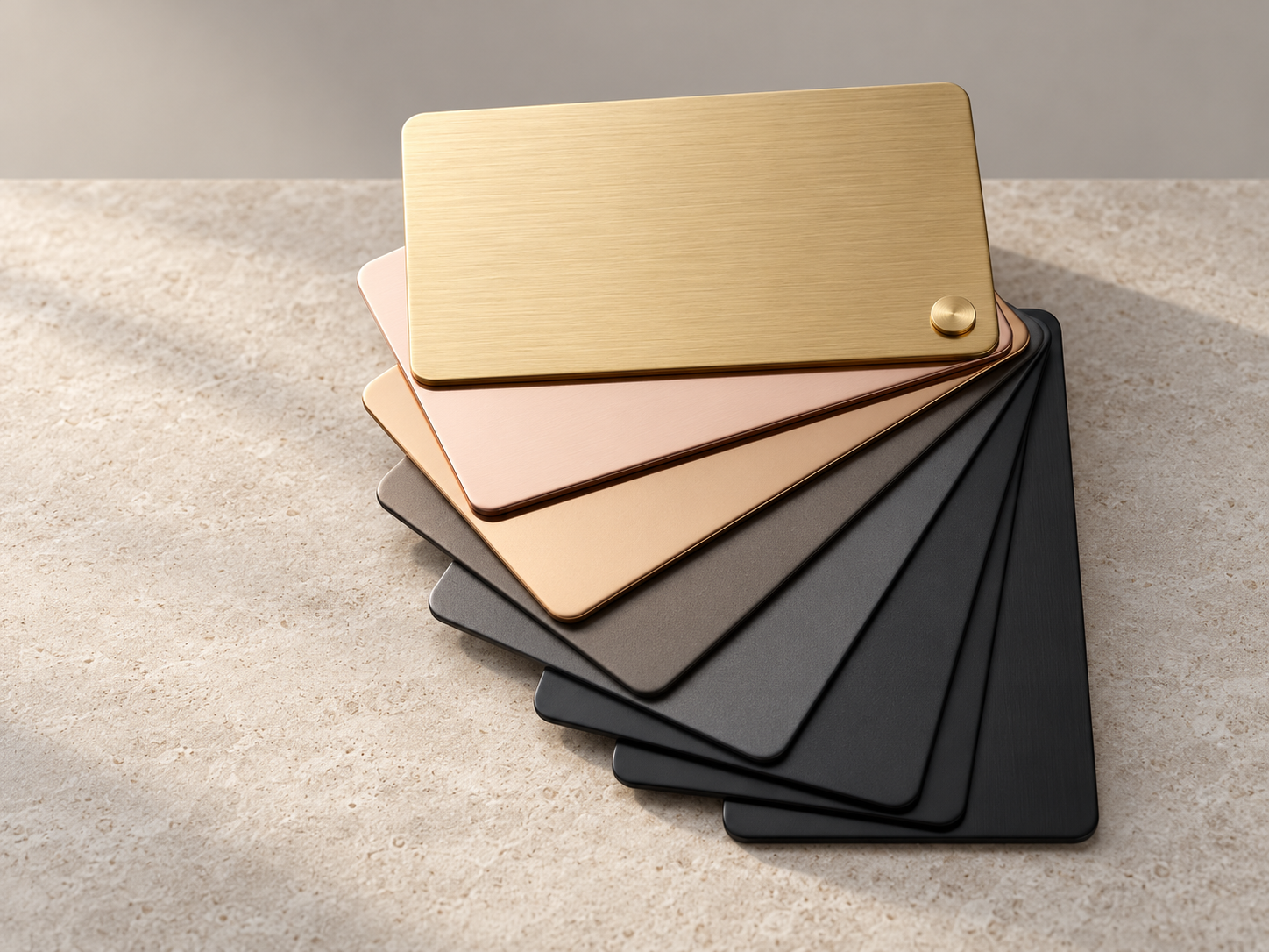 Gefächerte goldene, roséfarbene und dunkle Materialplättchen auf hellem Kalkstein mit seitlichem Lichteinfall