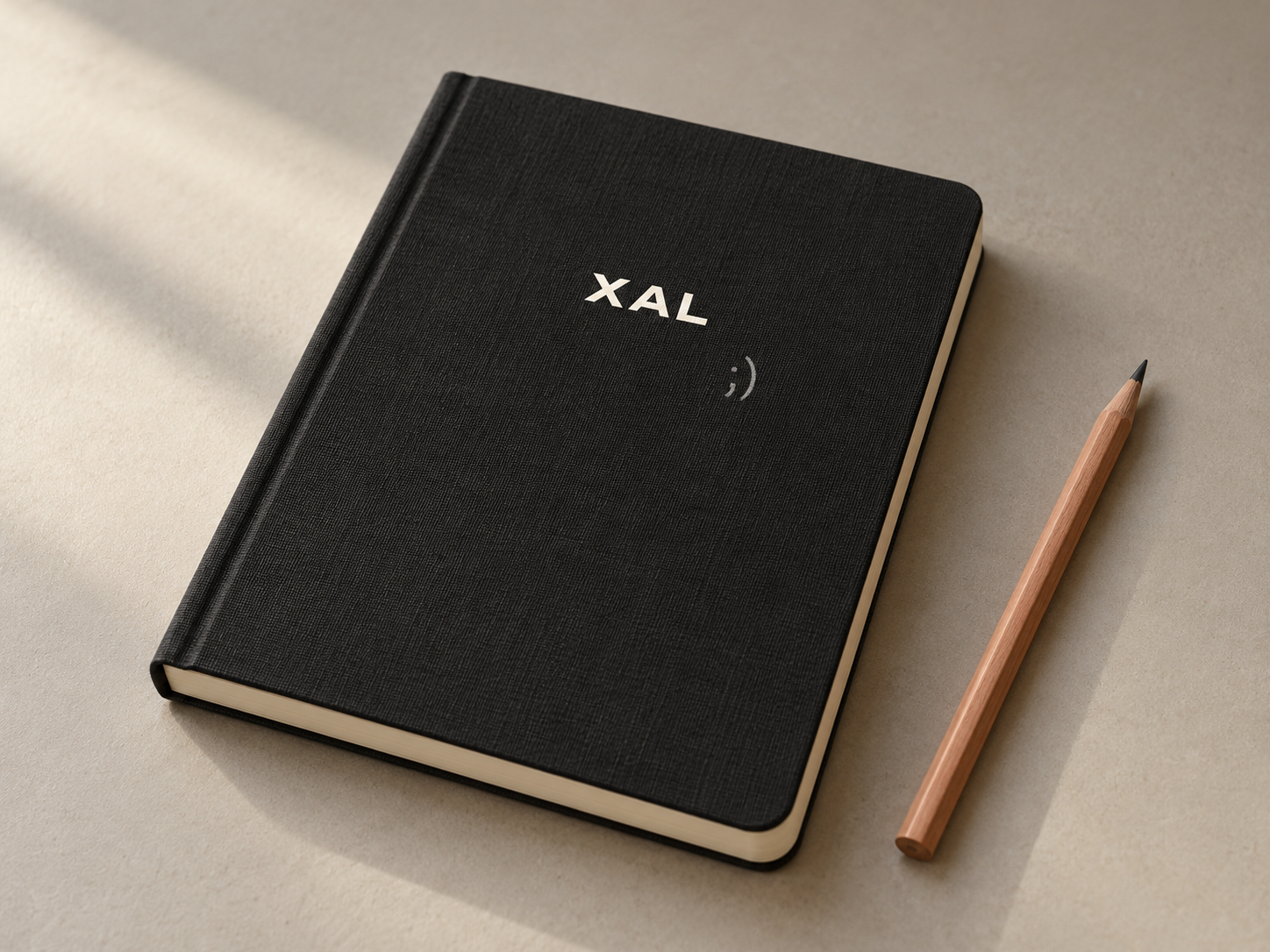 Schwarzes Sketchbook mit weissem XAL-Schriftzug, zwinkerndem Smiley und einem Holzbleistift auf hellem Tisch